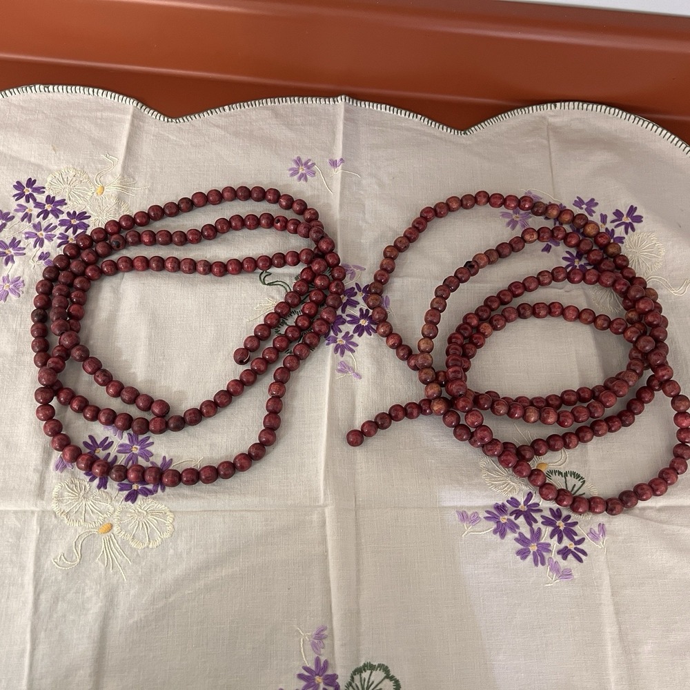 Cranberry Red Wooden Bead Country Christmas Decor Tree Garlands 14ft Strands